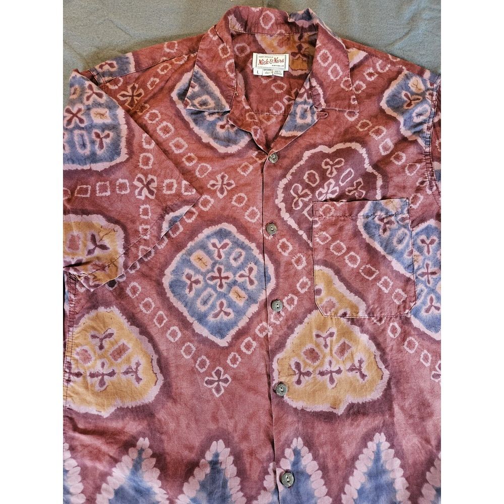 Vintage Nick and Nora Shirt Tie Dye Print Size Large USA Button Up Mens‎